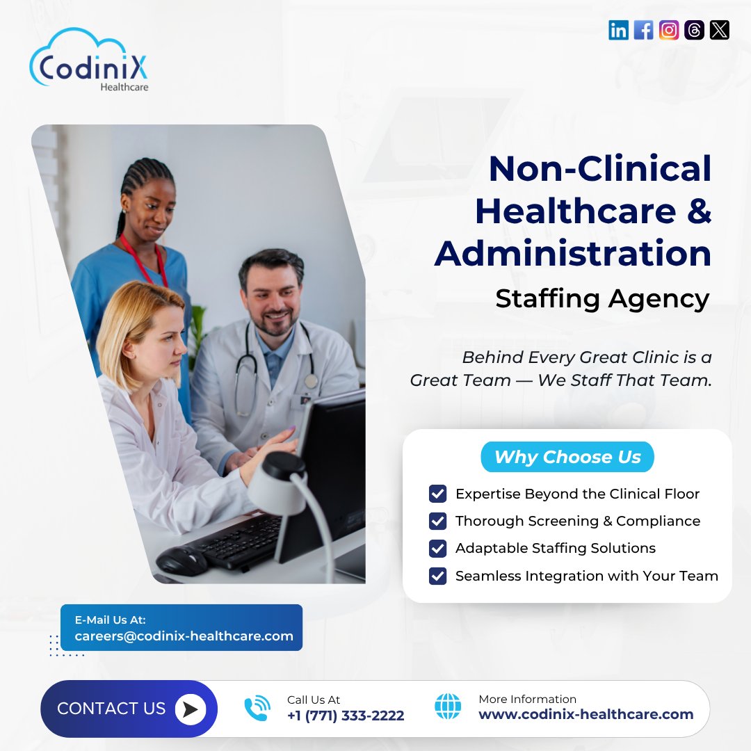 codinixhealth's tweet photo. Strong healthcare teams rely on strong support.

Codinix Healthcare provides non-clinical and administrative staffing for hospitals and clinics, covering billing, front desk, HR, and compliance.

📞 +1 (771) 333-2222
✉️ careers@codinix-healthcare.com
🌐 https://t.co/6GOHGib6iw https://t.co/HKNbRsVtKQ