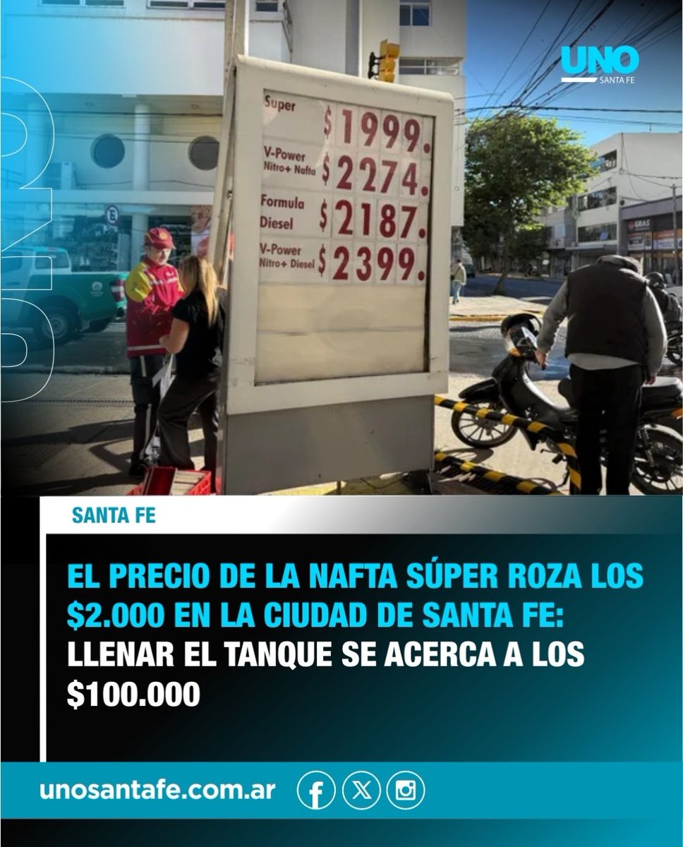 leandrobusatto's tweet photo. El litro de nafta super en Santa Fe hoy está 1.985 pesos (YPF). Antes de asumir Milei estaba 470 pesos.

La realidad vs la campaña. https://t.co/BWr3TgiLRr