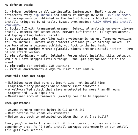 Mollahasani's tweet photo. @karpathy Since I use AI coding tools (Claude Code, Codex, Gemini CLI) that install packages on my behalf, I spent the day hardening my Mac and Windows dev machines. Here's what I deployed and where the gaps still are. But I have some open questions for the community. https://t.co/8vCmQEjJPT