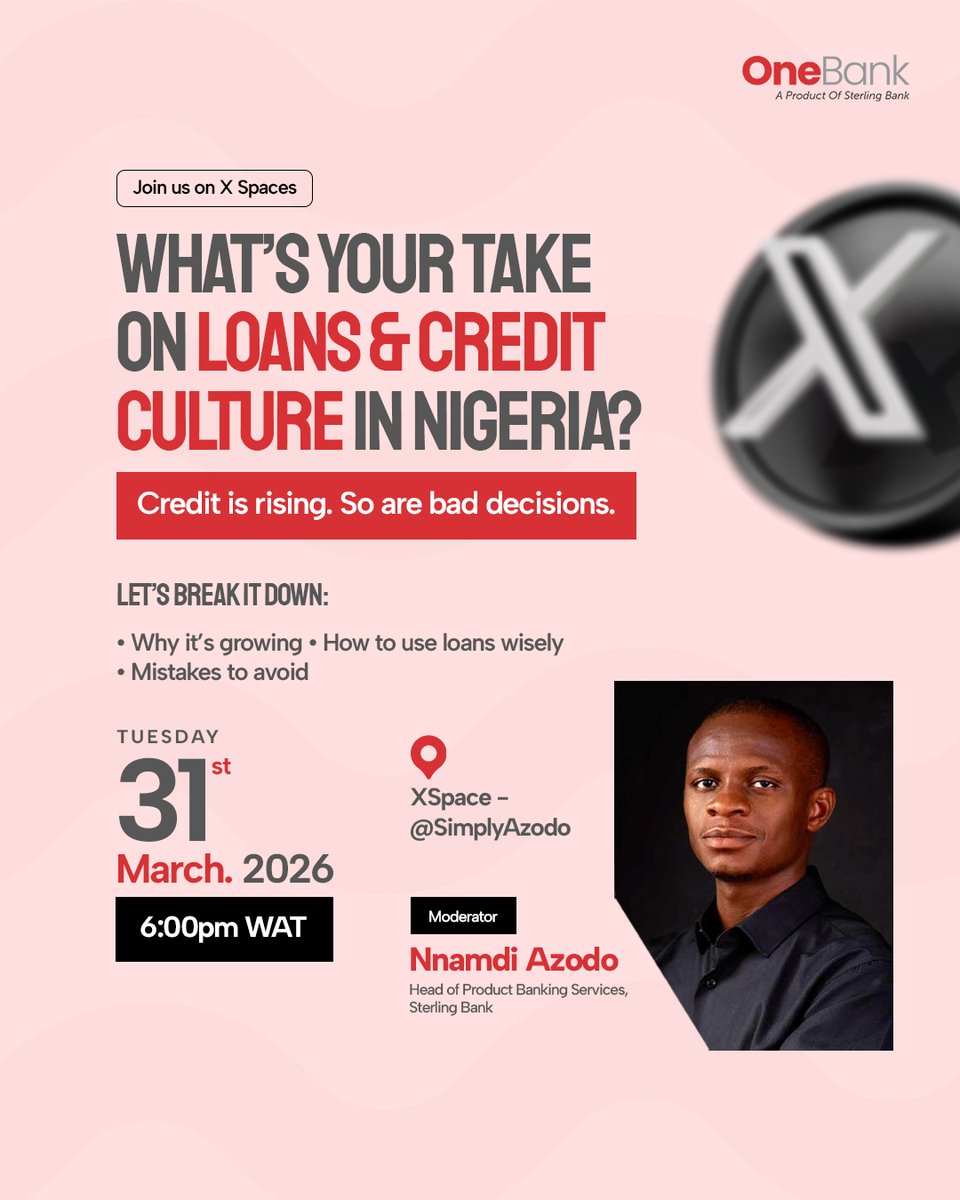 OneBankNG's tweet image. Loans can build or break your finance.
The difference is in how you use them.

Join @SimplyAzodo by 6pm on March 31, to discuss and learn what smarter loan decisions really look like.

Follow @onebankng on X to stay posted.

#Loans #OneBank