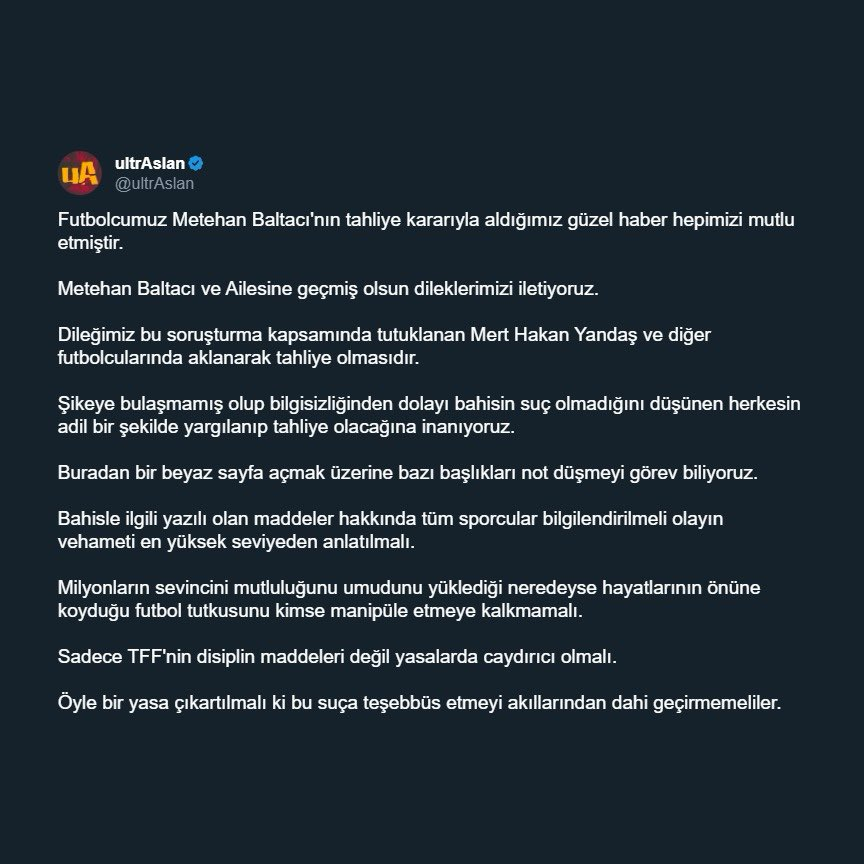 bosunatiklama's tweet photo. ultrAslan, Metehan Baltac��'nın tahliyesi sonrası Mert Hakan Yandaş'a destek mesajı paylaştı.

"Dileğimiz bu soruşturma kapsamında tutuklanan Mert Hakan Yandaş ve diğer futbolcularında aklanarak tahliye olmasıdır." https://t.co/RtrJgVORF3