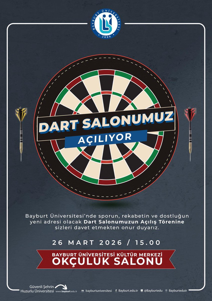 #DartHerYerde Bayburt Üniversitesi Dart Salonumuz Açılıyor…

Bayburt Üniversitesi’nde sporun , rekabetin ve dostluğun yeni adresi olacak Dart Salonumuzun Açılış törenine sizleri davet etmekten onur duyarız.

🗓️26 Mart 2026 / 15:00
📍Bayburt Üniversitesi Kültür Merkezi Dart