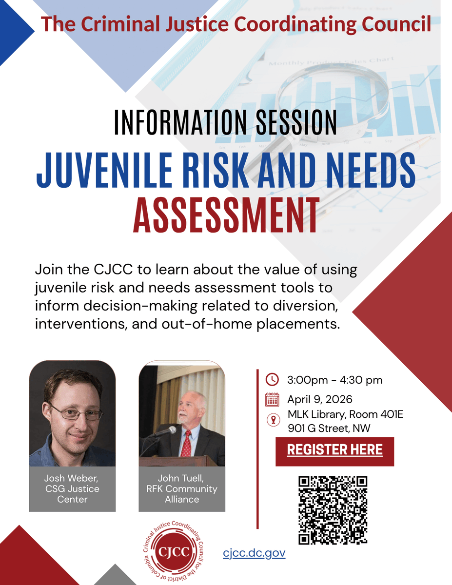 DC_CJCC's tweet photo. Join us on April 9 for an in-person Information Session on Juvenile Risk and Needs Assessment tools!

Subject matter experts Josh Weber and John Tuell will discuss the value of these tools in practice. 

Register here: https://t.co/o6OeZMShZk https://t.co/UCDYcDnZMm