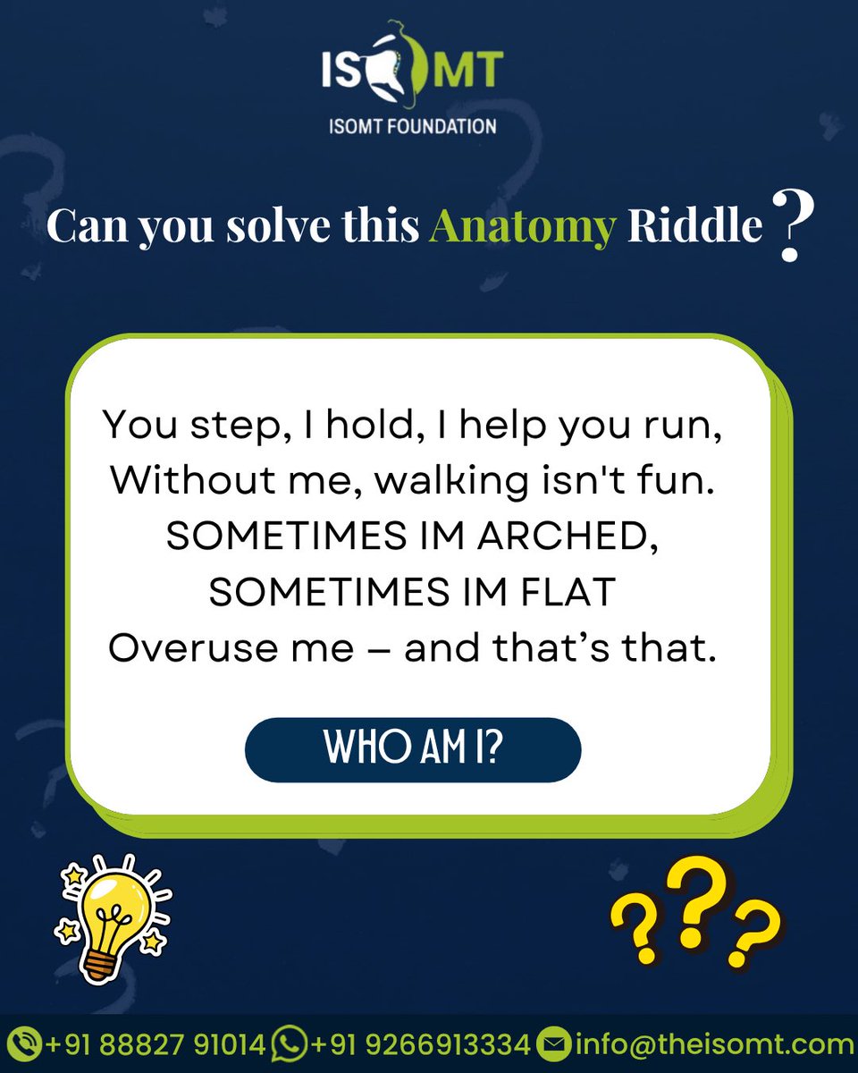 I_S_O_M_T's tweet image. Think you’ve got the answer? 👣🧠

You step, I support… sometimes arched, sometimes flat.
Overuse me, and you’ll feel it!

💬 Drop your guess below – WHO AM I?

#AnatomyRiddle #PhysioLife #FootFunction #ISOMT #HealthcareLearning #ThinkSmart