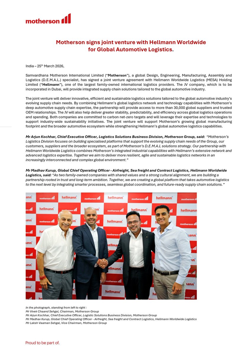 BullBearAndMe's tweet photo. @MarelliTech #SamvardhanaMotherson #Hellman
Motherson signs joint venture with Hellmann Worldwide for Global Automotive Logistics.
The JV company will be incorporated in Dubai and will provide integrated supply chain solutions tailored to the global automotive industry. https://t.co/Qc6nS7Ixtj