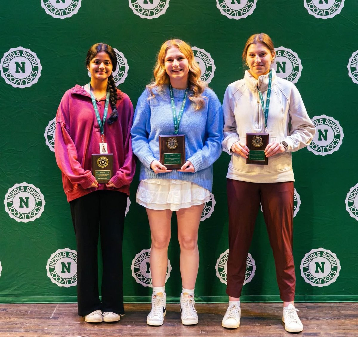 NicholsGBBall's tweet photo. Congrats to our MIP, MVP, &amp; Coaches Award! @AaliaSheikh, @CheyBarabas , &amp; @HaleighRittling. Let's go, Vikings! 💚 🏀 @NicholsGBBall @NicholsVikings @MonsignorMartin https://t.co/Ho1FwyZX2H