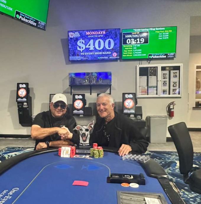 1EyedJackspoker's tweet image. Another #champion was crowned in the Spring Fling ’26 seniors event.  190 players took their shot at the #trophy but after 8+ hours of play only one remained.  Bruce Dimattia took home the trophy and chopped the money with Conrad Flores for $4879 each!