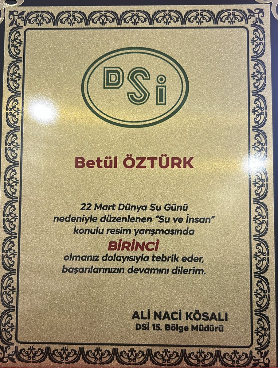 SanliurfaBilsem's tweet photo. 🎨 "22 Mart Dünya Su Günü" kapsamında düzenlenen Resim ve Kompozisyon yarışmasında ​7. ve 8. sınıflar kategorisi resim dalında BÖLGE BİRİNCİSİ seçilen öğrencimiz Betül ÖZTÜRK bugün DSİ 15. Bölge Müdürlüğü'nde düzenlenen törenle ödülünü aldı. 🏅👏 https://t.co/LMiMIDQBXW