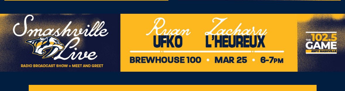 MaxHerzTalks's tweet photo. The @predsnhl have won five in a row and the Smashville Live radio show returns tonight!! from 6 to 7 at Brewhouse 100 in Bellevue!

Defenseman Ryan Ufko and winger Zach L’Heureux are our guests with me and @Skillsy75 hosting, join us in person or listen on @1025TheGame https://t.co/luRKiEzP7F