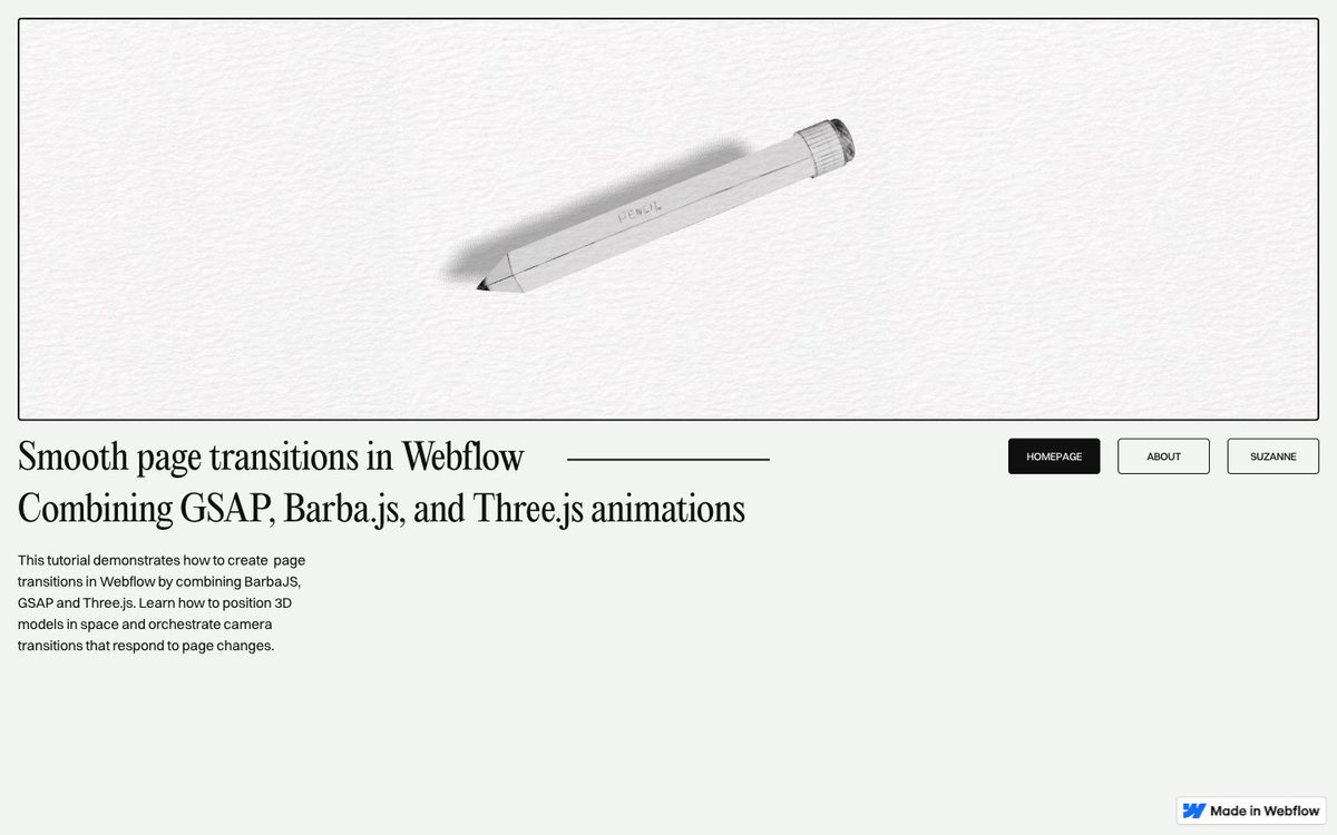 abduzeedo's tweet image. What if your site felt like one continuous world? Mael Ruffini built it: a Three.js canvas that stays alive across every page via Barba.js, with GSAP camera moves and hand-drawn objects on paper-grain texture.

👉 abduzeedo.com/node/89192

#WebGL #ThreeJS #Webflow
