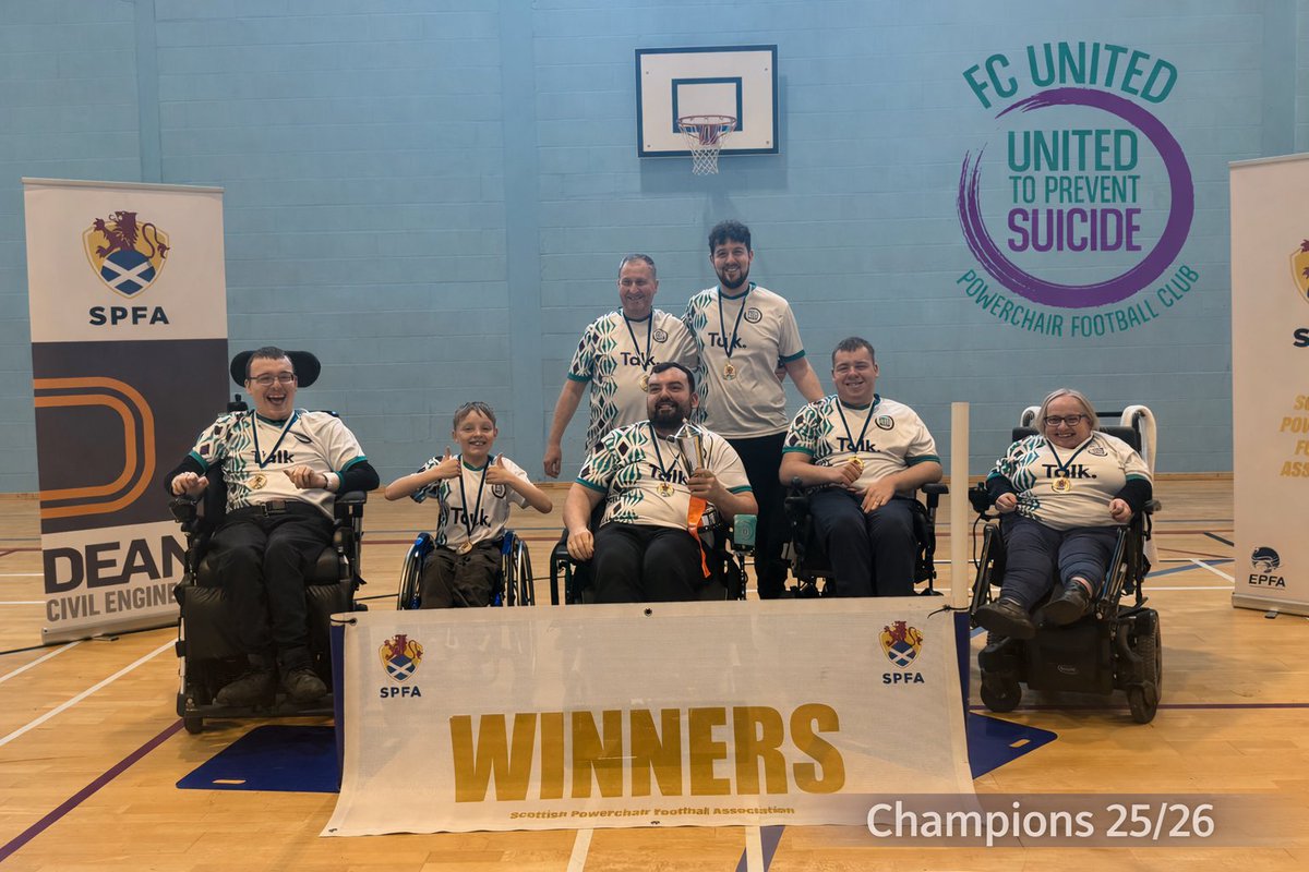 Champions of Scotland 🏆

Huge congratulations to FC United Powerchair Football Club, crowned SPFA Premiership Champions 2025/26. 

Less than 4 years old, built on coaching, pathway and team spirit. Every player contributed, every player scored.
Fully deserved 💜🩵🤍