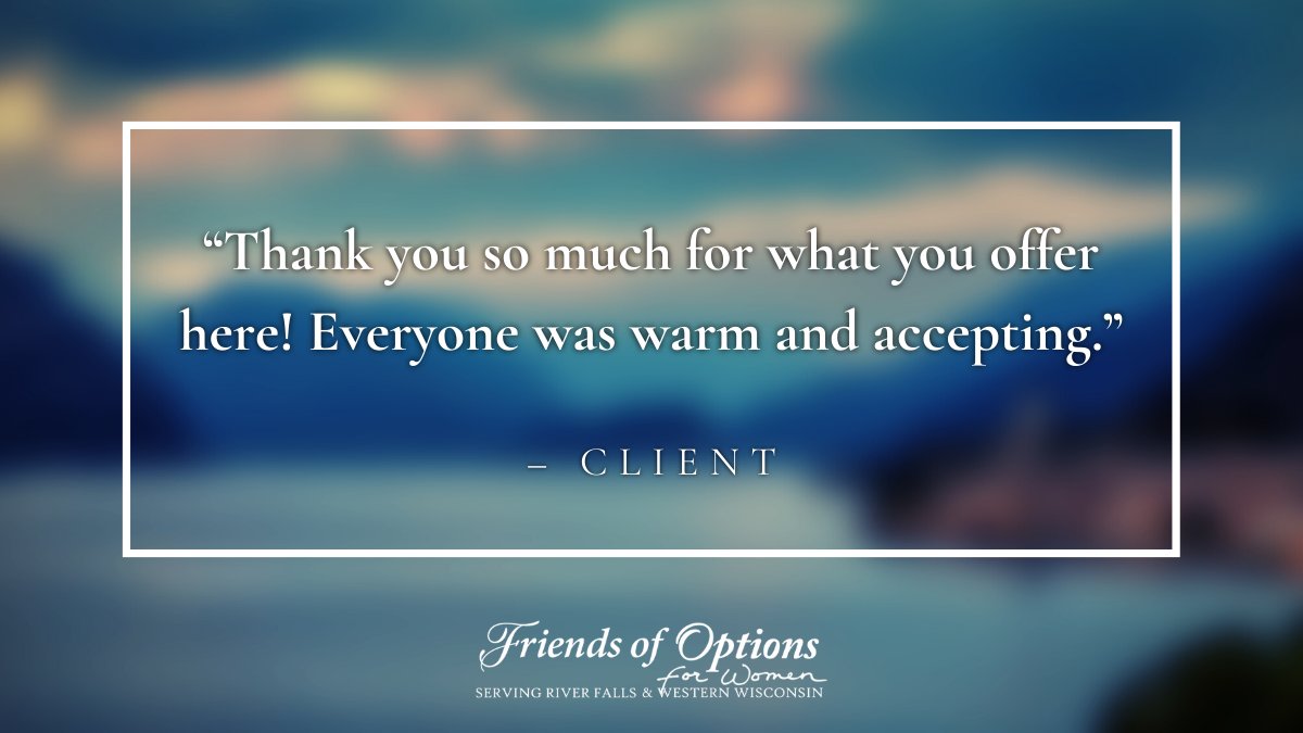 Options4WomenRF's tweet image. “Everyone was warm and accepting.”
– Client

When you give to Options for Women, you become a Friend of Options for Women and help women experience this kind of welcome. 

friendsofoptionsrf.com/donate 

#ClientQuote #PregnancySupport #GiveHope #40DaysForLife