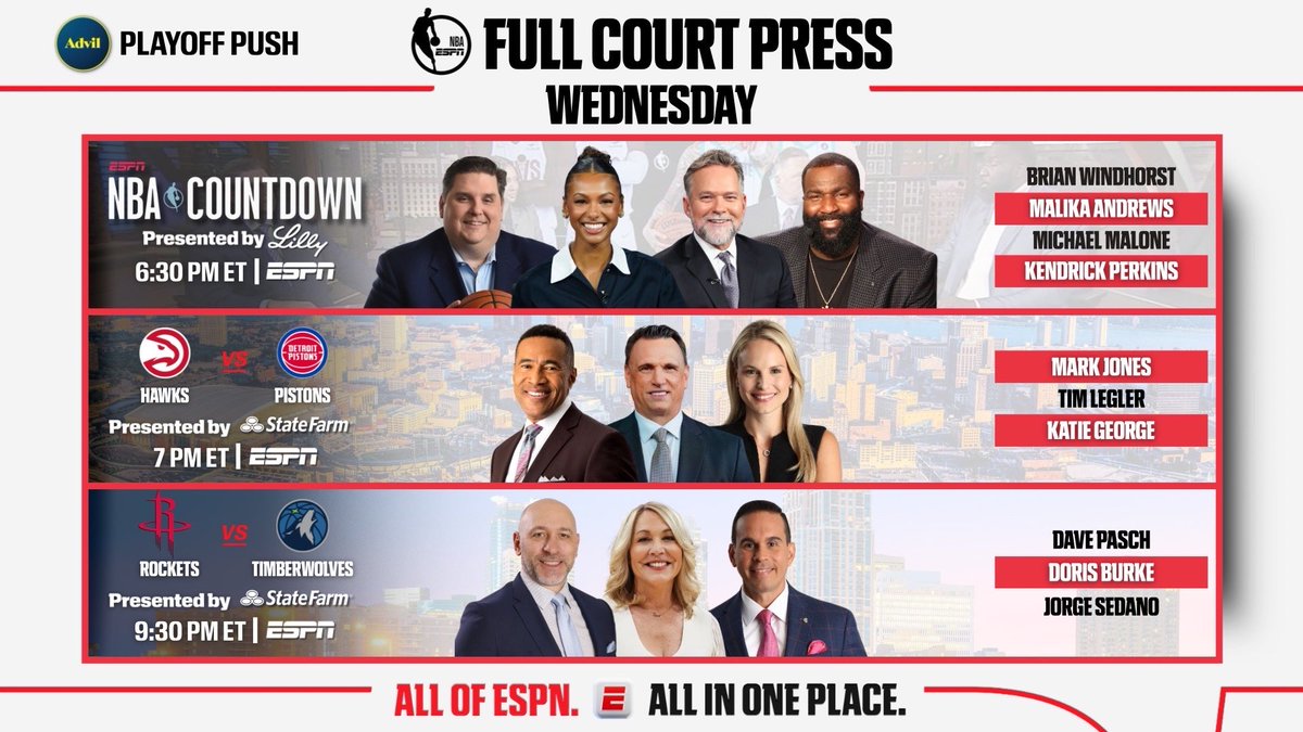 ESPNPR's tweet photo. Wednesday, @ESPNNBA tips off its coverage of the ‘Advil Playoff Push’ with an ESPN doubleheader

🏀 6:30p ET | NBA Countdown
🏀 7p ET | Hawks vs Pistons
🏀 9:30p ET | Rockets vs Timberwolves https://t.co/0Y9SAaotgu