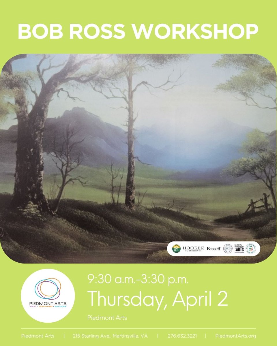 Learn to paint like Bob Ross in this upcoming class led by certified-instructor Naomi Hodge-Muse, Thursday, April 2, at 9:30 a.m.
Members: $75, Nonmembers: $85
Buy Tickets: piedmontarts.org/calendar/event…