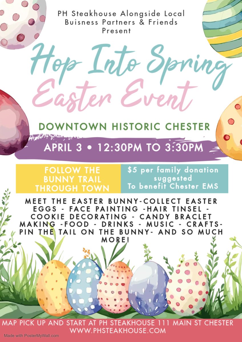 ChesterFAS's tweet photo. Come to beautiful #Chester NJ on Friday, April 3, 2026 from 12:30pm to 3:30pm to meet the Easter Bunny and a whole lot more!

Stop in and say Hello to our friends #PHSteakhouse and all of the great small businesses that make #Chester so wonderful.

#CFAS https://t.co/tR4aN2ftpq