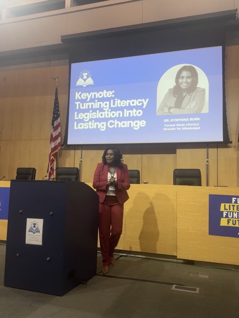 ExcelinEd's tweet photo. ExcelinEd in the field ➡️ Senior Policy Fellow Dr. Kymyona Burk gave a keynote address at the Pennsylvania Literacy Coalition Summit and Day of Action! Kymyona shared insights on the "Mississippi Marathon" and what it takes to successfully implement literacy policies that lead to long-term student success.