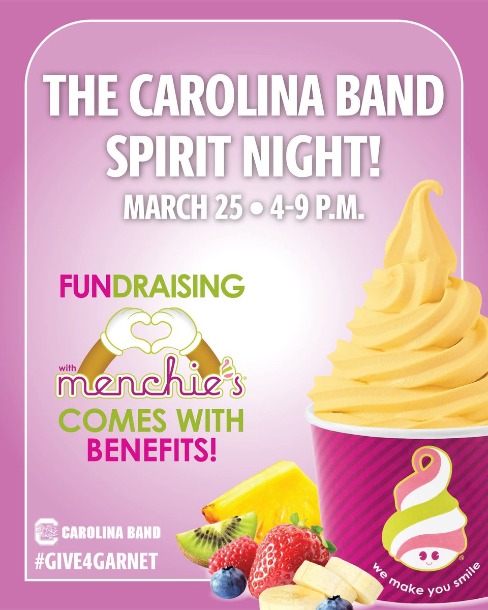 TheCarolinaBand's tweet photo. Join us at Menchie's Lexington tonight to get a sweet treat and support YOUR Carolina Band!🍦#Give4Garnet https://t.co/6StcjOqBgi
