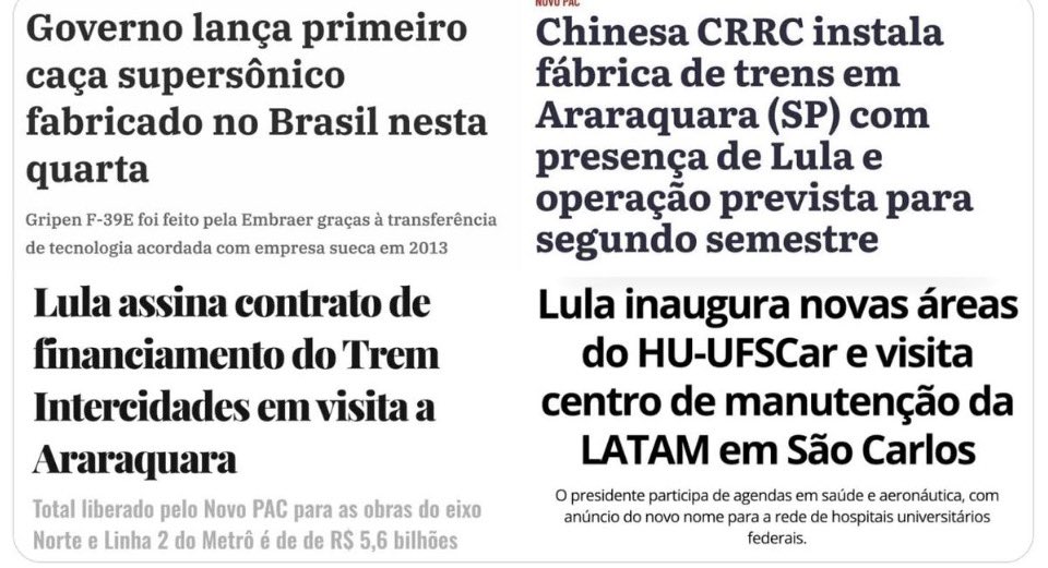 Enquanto uns comemoravam  venda 2 caminhões de abacate, a agenda do Lula esta recheada de indústria e investimento: caça Gripen, trens, metrô, hospital e expansão da LATAM. Brasil produzindo futuro