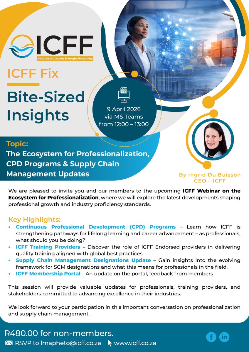IcffInfo's tweet photo. ICFF Fix: Bite-Sized Insights 📷
Don’t miss this! Join our CEO, Ingrid Du Buisson, as she dives into The Ecosystem for Professionalisation, CPD Programs &amp; Supply Chain Management Updates.

#ProfessionalDevelopment #CPD #SupplyChainManagement  #TrainingAndDevelopment #CareerGrowth https://t.co/idCuTcNUs2
