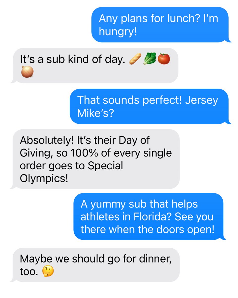officialSOFL's tweet photo. TWO tasty meals at @jerseymikes today?? Sounds like the perfect plan to us.🥖❤️💙
#jerseymikesdayofgiving #asubabove #specialolympics #inclusivesports #specialolympicsathletes https://t.co/GFCsIJcBYj