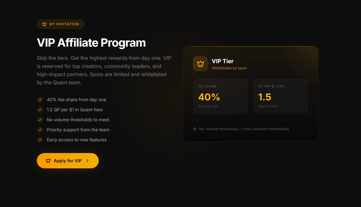 MyQuantgg's tweet photo. Quant VIP is open for applications.

Limited spots. 40% fee share from day one. 

Creators, community leads, traders, and power users, this is for you. https://t.co/7UIpq7etBw