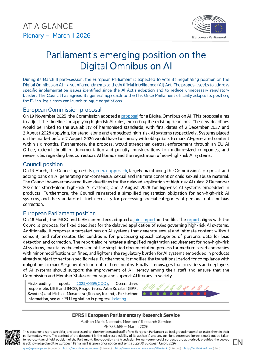 EP_EPRS's tweet photo. Parliament is set to vote its negotiating position on the Digital Omnibus on AI – a set of amendments to the #AIAct.

Once adopted, trilogue negotiations can start 👇

#EPlenary @EP_Justice @EP_SingleMarket @ArbaKokalari @McNamaraMEP @AxelVossMdEP @brandobenifei @vigenin https://t.co/8wMiJvha8G