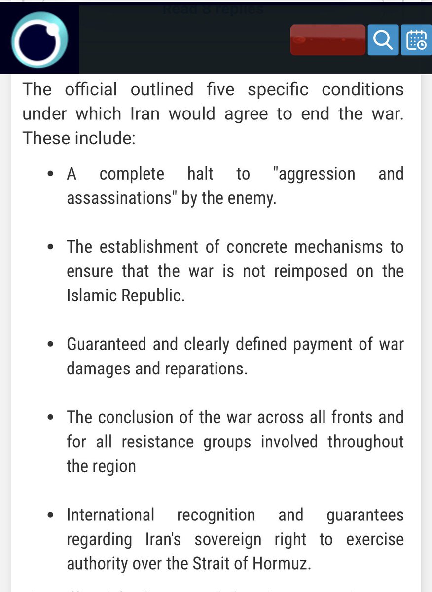 BREAKING — Iran rejects US proposal, lays out its own five conditions to end the war, per senior Iranian security official: 

•A complete halt to "aggression and assassinations" by the enemy.

•The establishment of concrete mechanisms to ensure that the war is not reimposed on