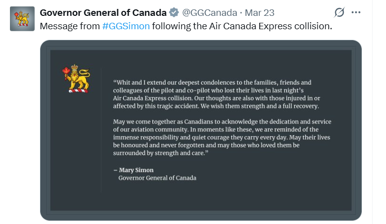 <a href="/Harry__Faulkner/">Harrison Faulkner</a> Here is the Governor General of Canada's condolence message, in english only.  She was appointed by the Liberals and speaks not a lick of French.  Is this "lack of compassion?"  Of course not.
