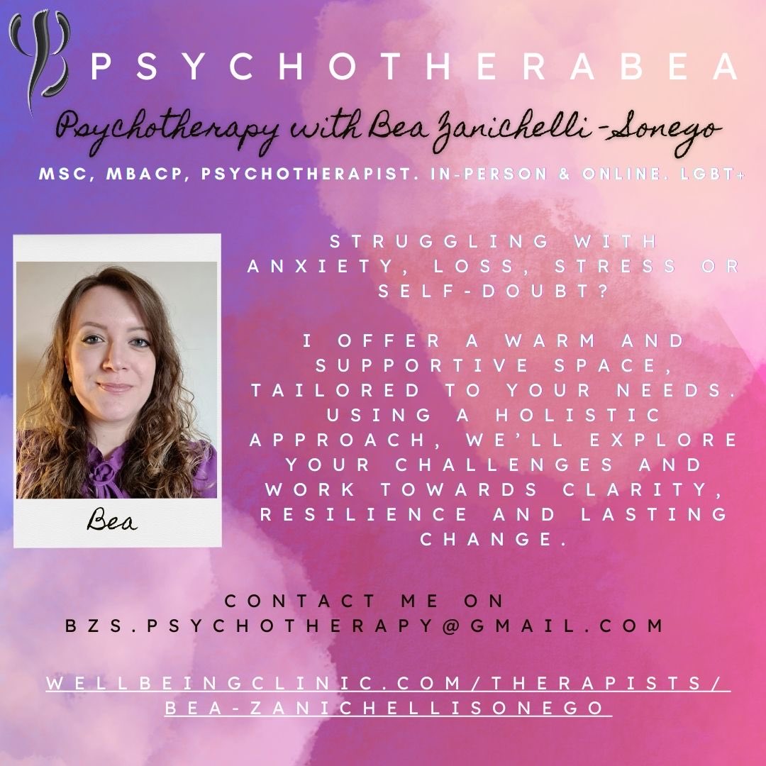Bea Zanichelli-Sonego

Contact Bea:
therapyoxford.co.uk
email bzs.psychotherapy@gmail.com
07541681209
wellbeingclinic.com/therapists/bea…