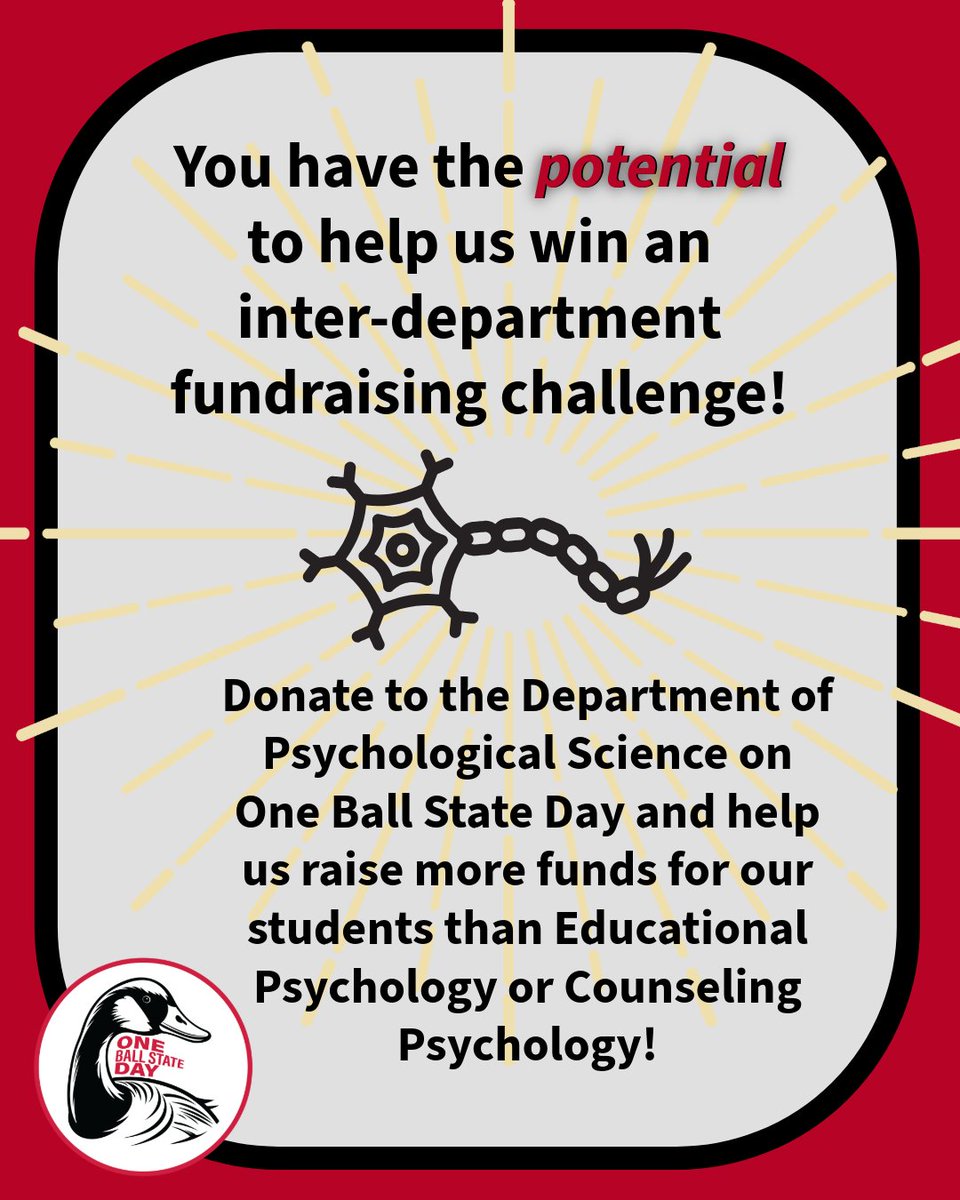 BSUPsychScience's tweet photo. In just one week, ⏲ on One Ball State Day, you can help us remove barriers that prevent students from saying "yes" to opportunities!  ✔  But also, help us win… and avoid the dinosaur costume situation. 🦖  #BSUPsychSci #BallStateCSH #BallState #OneBallState #PsiChiBSU https://t.co/4jbsZN85mm