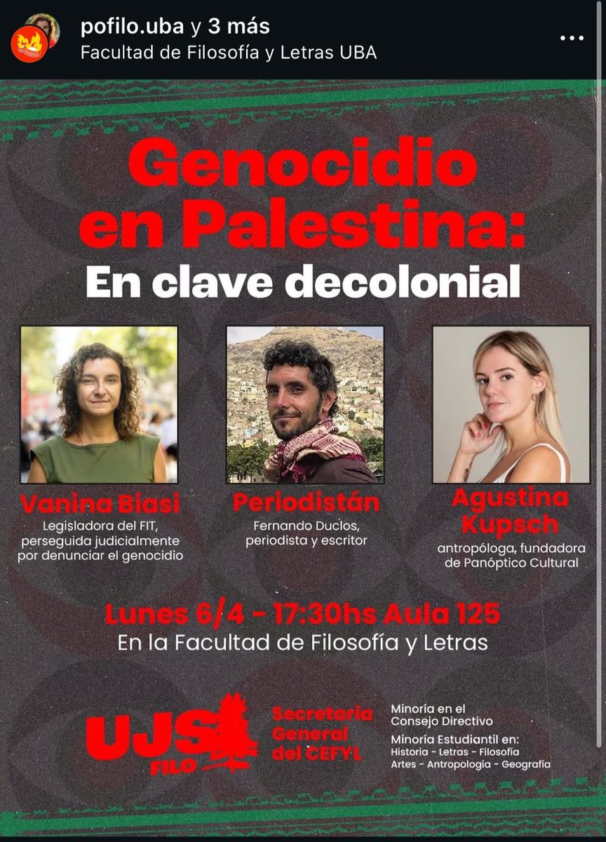 Te invito a esta nueva actividad en Puan. Hablan:

- Una troska procesada por antisemitismo
- Un fantoche que viaja por el Medio Oriente y no tiene problema en relativizar las violaciones de Derechos Humanos de las peores dictaduras de la región
- Una antropóloga que no puede