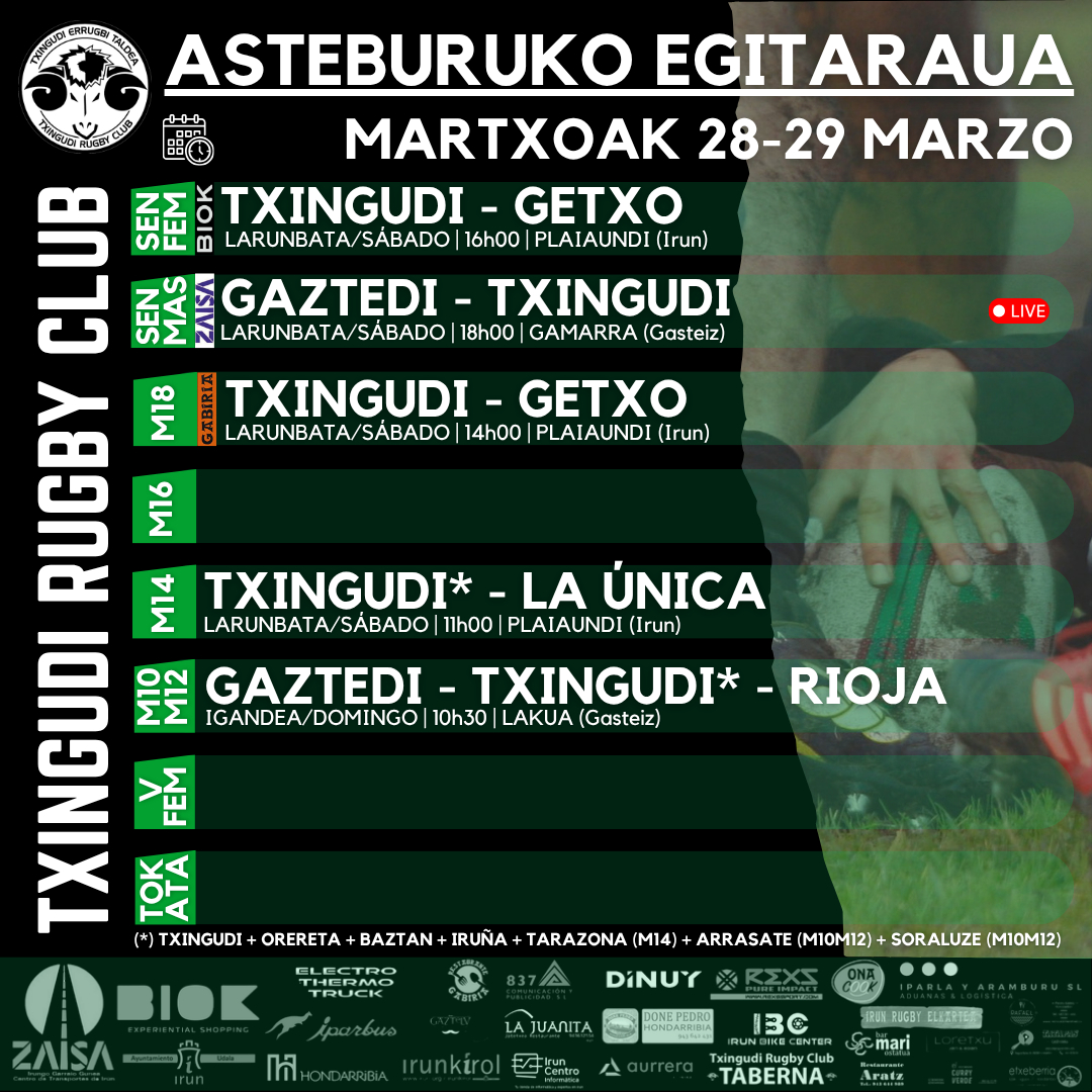 txingudirugby's tweet image. Asteburuko egitaraua | Programa del fin de semana

#rugby #txingudi