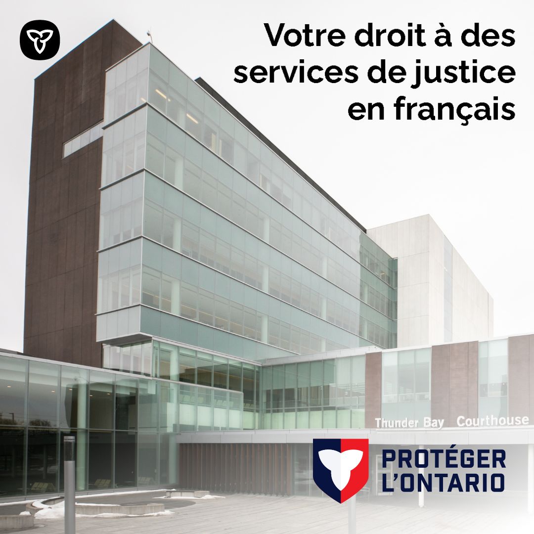 Vous devez comparaître au tribunal et votre langue préférée est le français?

La loi vous donne le droit de recevoir des services de justice en français.

Renseignez-vous sur les services en français.

🔗: ontario.ca/fr/page/servic…