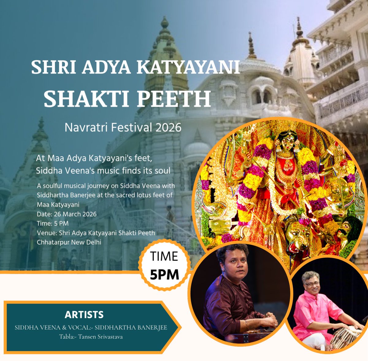 Surrendering to the Divine

A soulful musical journey with Siddha Veena 

[Maa Katyayani Shakti Peeth Navratri Festival 2026 Ram Navami Siddha Veena Siddhartha Banerjee Tabla Tansen Srivastava] 

#siddhaveena #siddharthabanerjee #navratri #ig #instagrammers
