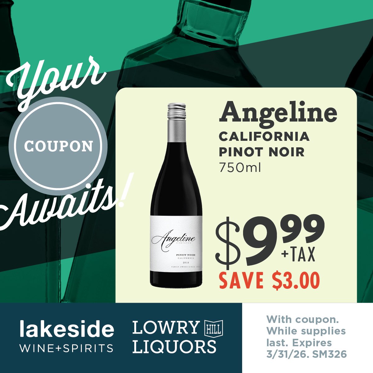 lakesidewines's tweet image. Save $3.00 on Angeline California Pinot Noir 750ml bottles with this virtual coupon while supplies last!

This coupon is redeemable in store only. Valid State ID required. Must be 21+ Coupon valid until 3/31/26.

#angeline #pinotnoir #californiawine #march #cheers