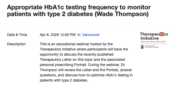 Drug_Evidence's tweet photo. 🧵 UBC TI #BestEvidence Webinar 🆕
1/ Appropriate HbA1c testing frequency to monitor patients with #T2DM (Dr. Wade Thompson)
⏰ Weds 8 April @ Noon PDT
✅ Practical tips on optimal frequency of A1c testing
REGISTER: https://t.co/ZGq1BfCXVm
#MedEd #LabTests #diabetes #HbA1c https://t.co/O84kTB4Ak1