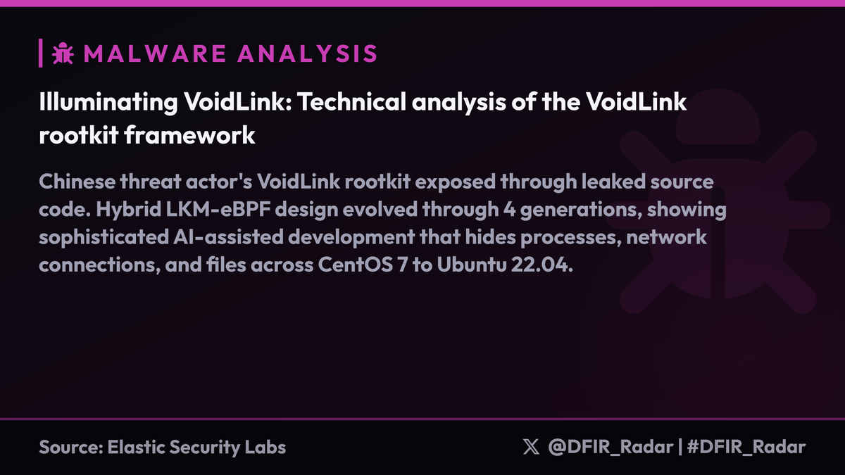 DFIR_Radar's tweet photo. Chinese 🇨🇳 threat actor's VoidLink rootkit exposed through leaked source code. Hybrid LKM-eBPF design evolved through 4 generations, showing sophisticated AI-assisted development that hides processes, network connections, and files across CentOS 7 to Ubuntu 22.04.

Technical details:
• LKM component uses ftrace hooks on __x64_sys_getdents64, vfs_read for process/file hiding; masquerades as "amd_mem_encrypt" AMD driver
• eBPF companion exploits bpf_probe_write_user() to manipulate Netlink buffers, hiding connections from ss utility by "swallowing" SOCK_DIAG_BY_FAMILY messages
• ICMP C2 channel uses magic value 0xC0DE, XOR key 0x42, supports 10 commands including privilege escalation (GIVE_ROOT) and self-destruct
• Advanced evasion: 3-second delayed hook installation, anti-debugging timer scanning for strace/gdb/bpftool, kill protection for designated PIDs

Infrastructure artifacts link to Alibaba Cloud 🇨🇳 IPs 8.149.128[.]10 and 116.62.172[.]147. Source code annotations in Simplified Chinese show phase-numbered development matching LLM conversation patterns.

Hunt for unsigned modules with AMD descriptions on non-AMD systems, ftrace hooks on syscall functions, and eBPF programs using bpf_probe_write_user helper.

#DFIR_Radar