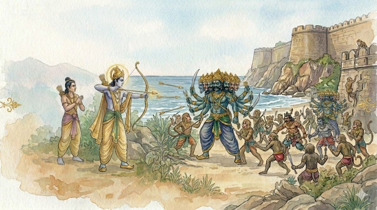 Day 7:
The War No One Sees
The war in Lanka was a spectacle. Armies gathered, conches sounded, and the sky was filled with war cries, arrows and fire. To the eyes, it would appear to be a simple conflict. Rama against Ravana, dharma against adharma, truth against delusion, light