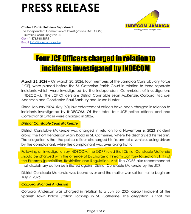 suezeecue's tweet photo. INDECOM press release: Four JCF Officers charged in relation to incidents investigated by INDECOM – The Independent Commission of Investigations https://t.co/4Mobvp0Aua #INDECOM #Jamaica https://t.co/heXP7kpTD3