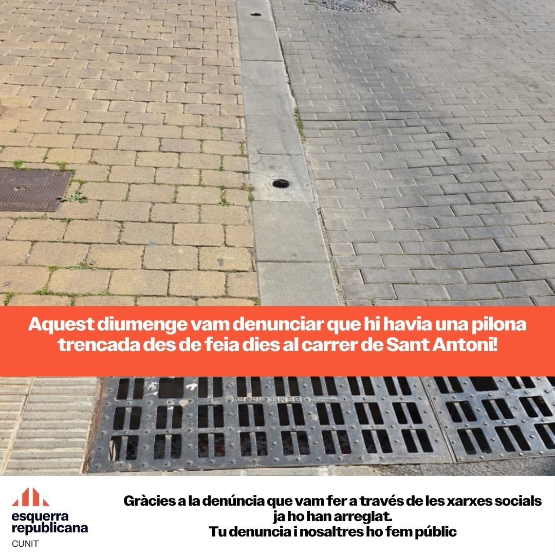 ErcCunit's tweet photo. 🔧 Aquest diumenge vam denunciar una pilona trencada des de feia dies al carrer de Sant Antoni.
📢 I què ha passat?
👉 Gràcies a la denúncia feta a través de les xarxes socials… JA HO HAN ARREGLAT!
📩 Tu denuncia.
📣 Nosaltres ho fem públic. https://t.co/HKnf6AiPCu