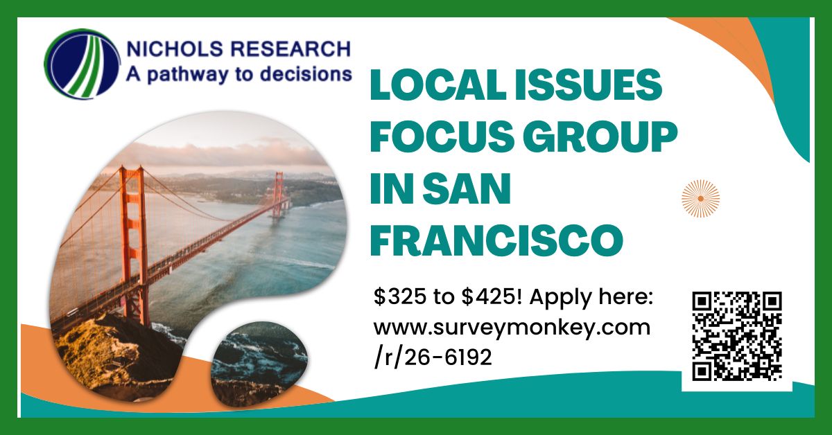 NRStudies's tweet photo. Nichols Research is looking for Bay Area residents for a 4/10 all-day focus group in San Francisco CA on local issues! Participants receive $325 to $425, so apply here: https://t.co/cf4JavwZLx https://t.co/HkbR89TEQs