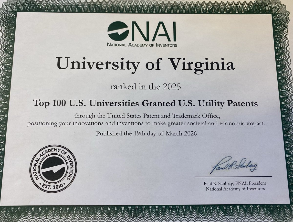 UVALVG's tweet photo. We are so proud to have been recognized by the @AcadofInventors for not only being among the top U.S. university leaders in granted U.S. Patents, but for being a worldwide leader every year since the NAI’s rankings began! @RichChylla @paulcherukuri https://t.co/6XVAndCln9
