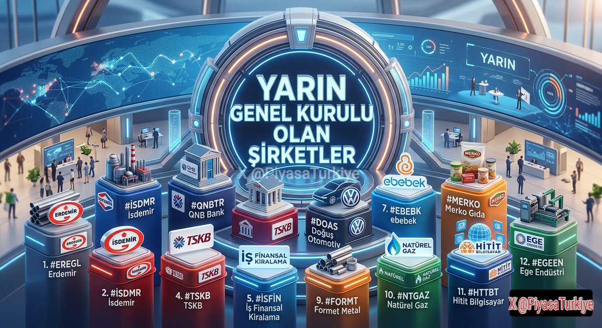 PiyasaTurkiye's tweet image. Yarın Genel Kurulu Olan Şirketler

▪️#Eregl Erdemir
▪️#İsdmr İsdemir
▪️#Qnbtr QNB Bank
▪️#Tskb TSKB
▪️#İsfin İş Finansal Kir.
▪️#Doas Doğuş Otomotiv
▪️#Ebebk ebebek
▪️#Merko Merko Gıda
▪️#Formt Formet Metal
▪️#Ntgaz Natürel Gaz
▪️#Httbt Hitit Bilgisayar
▪️#Egeen Ege Endüstri