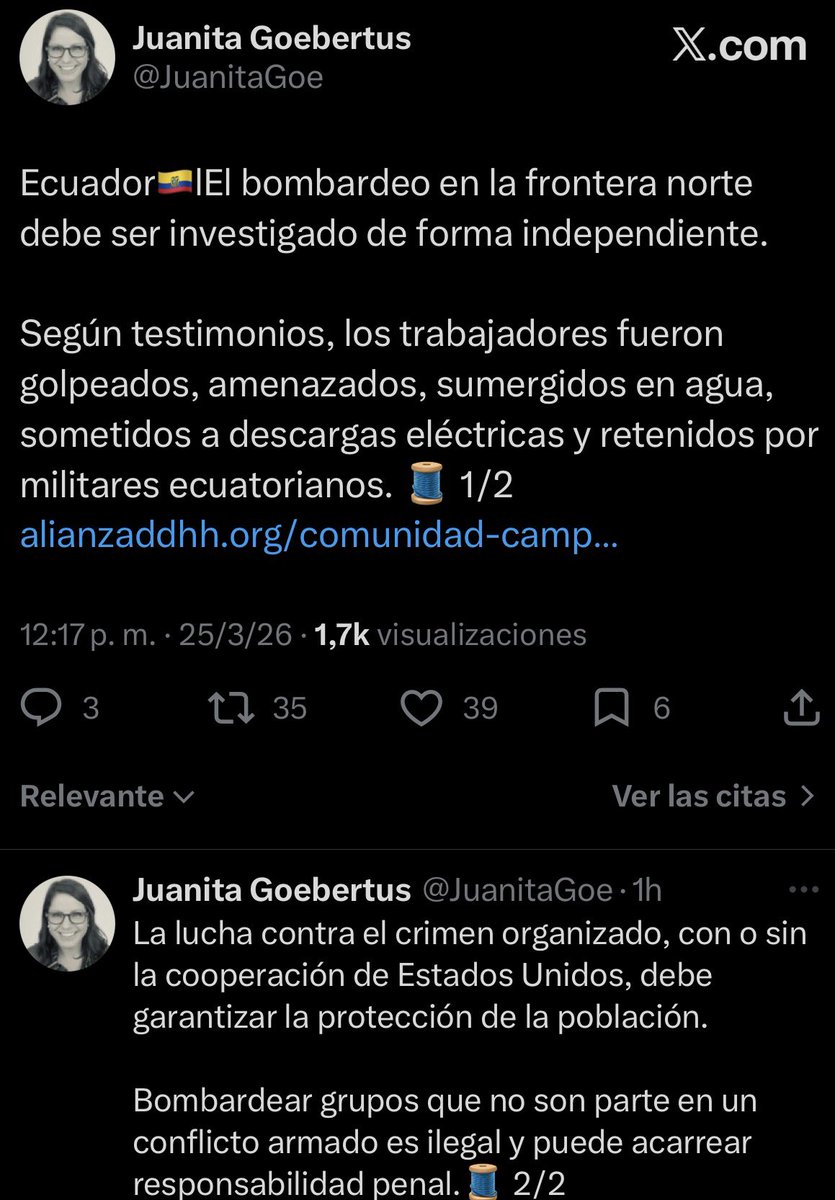 ‼️#URGENTE
Juanita Goebertus, directora de la División de las Américas de Human Rights Watch, pidió investigar de forma independiente el bombardeo en la frontera norte de Ecuador y señaló que, según testimonios, trabajadores habrían sido golpeados, amenazados y retenidos por