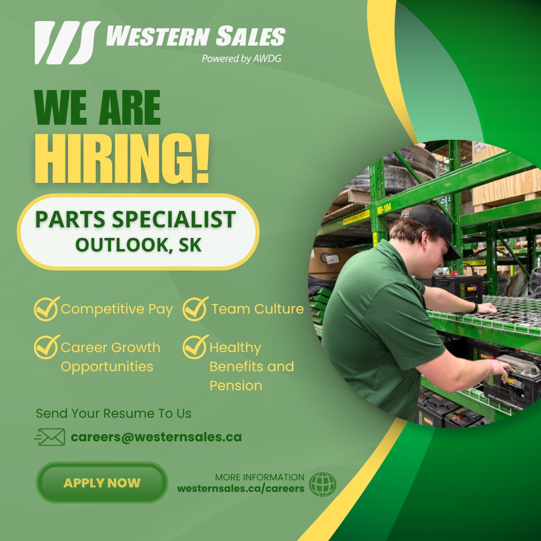 WesternSalesLtd's tweet image. #WesternSales is hiring a Parts Specialist in #Outlook, #Saskatchewan! 

If you know parts, love helping customers, and want to work with industry‑leading #JohnDeere equipment, this is your chance to be part of a team that keeps agriculture moving.🚜

📲Apply today: