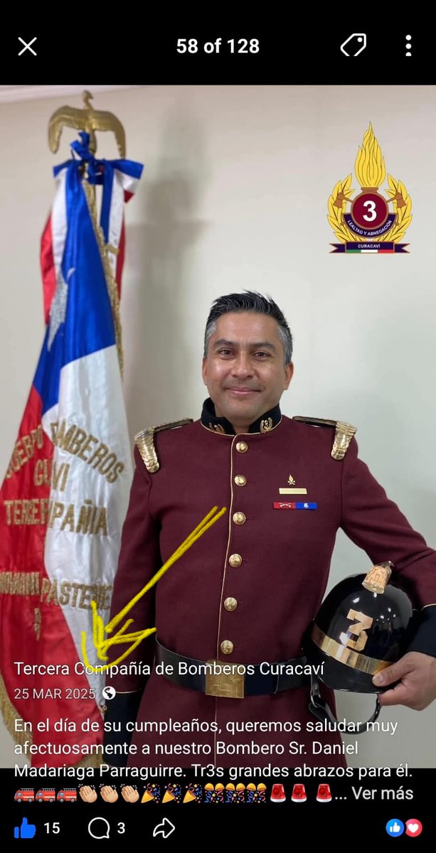 En el día de su cumpleaños, queremos saludar muy afectuosamente a nuestro Bombero Sr. Daniel Madariaga Parraguirre. Tr3s grandes abrazos para él. 🚒🚒🚒👏🏼👏🏼👏🏼🎉🎉🎉🎊🎊🎊🚨🚨 🚨👨🏻‍🚒👨🏻‍🚒👨🏻‍🚒#vvfchile #vigilidelfuoco #TerceraCuracavi #BombaGiovanniBattistaPastene