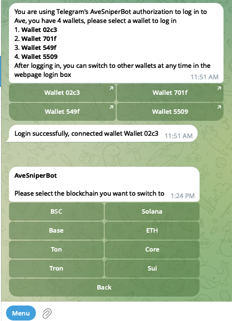 AveaiGlobal's tweet photo. 2️⃣Telegram Bot One-Click Login
If you’re already using the Telegram Ave Sniper Bot, you can link your account via Telegram.
The PC site and the bot will share the same wallet address and sync trading data.
#Aveai #Dex #CryptoTrading #TGBot
Check images
⬇️⬇️