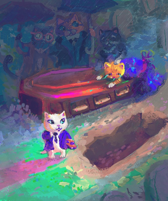 A kitten at his first funeral, not quite understanding why were not here forever.