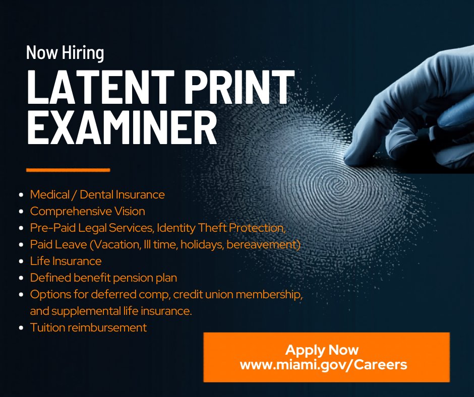 MiamiPD's tweet image. We're hiring! 

The Latent Print Examiner position opens March 23, 2026 and closes April 10, 2026 at 5 PM. Join our team and make an impact through forensic science.

Apply now! governmentjobs.com/careers/miamif…

#NowHiring #Forensics #LatentPrintExaminer #CareerOpportunity #PublicService