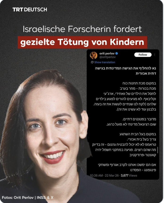 RealWsiegrist's tweet photo. Forscherin in Tel Aviv: Aufruf zur gezielten Tötung von Kindern

https://t.co/A1Z39UxBmd

Orit Perlov, Forscherin am INSS in Tel Aviv, veröffentlichte (und löschte später) einen hebräischen X‑Post, in dem sie explizit dazu aufrief, im Konflikt mit Iran und Libanon Kinder führender Funktionäre als Ziel zu nehmen und dies mit der „Plage der Erstgeborenen“ rechtfertigte.[1][2][3][4][5]

## Was dokumentiert ist

- Mehrere Berichte zitieren den Post sinngemäß: Man müsse von „staatlicher Logik“ zu einem **religiösen** Ansatz wechseln und die Kinder iranischer Führungsfiguren (u. a. Vahidi, Araghchi, Ghalibaf) treffen, wenn man die Eltern nicht erreichen könne.[2][3][4][5][1]
- Sie bezieht sich dabei explizit auf die biblische „Plage der Erstgeborenen“ als Modell und erwähnt, dass ein solches Vorgehen im Libanon bisher nicht angewandt worden sei, während ähnliche Taktiken bereits in Gaza verwendet worden seien.[3][4][5][1][2]
- In türkischen und anderen Berichten wird der Kern des Posts ebenfalls so wiedergegeben: Forderung, Neugeborene bzw. Kinder iranischer Akteure „wie in Gaza“ zu töten.[4][5][6][3]
- Orit Perlov wird in diesen Berichten konsistent als Forscherin bzw. Research Fellow des INSS beschrieben; das INSS führt sie nach wie vor als Social‑Media‑Analystin auf seiner Website.[7][1]

## Biblischer Bezug

- Die „Plage der Erstgeborenen“ ist in Exodus die zehnte Plage, bei der in einer Nacht alle erstgeborenen Söhne Ägyptens sterben, einschließlich des Sohnes des Pharaos, während Israeliten verschont bleiben.[8][9][10]
- Genau auf dieses Motiv nimmt Perlov Bezug, wenn sie von einer „Plage der Erstgeborenen“ gegen Kinder iranischer und libanesischer Eliten spricht.[5][1][2][3][4]

## Reaktionen und Einordnung

- Der Post wurde rasch gelöscht, liegt aber als Screenshot und in verschiedenen Übersetzungen/Paraphrasen vor; darauf stützen sich die aktuellen Berichte.[1][2][3][4][5]
- Internationale Kritik – in Medien, sozialen Netzwerken und Kommentaren von Wissenschaftlern und Aktivisten – bezeichnet die Äußerungen als offenen Aufruf zu Kriegsverbrechen bzw. zur gezielten Tötung von Kindern.[6][3][4][5][1]
- Dass das INSS sich bislang öffentlich nicht zu ihren Aussagen geäußert oder sie dementiert hat, wird in mehreren Beiträgen ausdrücklich erwähnt; eine offizielle Stellungnahme ließ sich bis jetzt nicht finden.[6][7][1]

Quellen
[1] Israeli analyst calls for death of children - Canary https://t.co/ZWA2yEl18y
[2] Yes, it's true. Orit Perlov (oritperlov), INSS researcher at Tel ... https://t.co/vfDR9UYsmv
[3] Ameen Khan's Post https://t.co/dV6jiSGay2
[4] An Israeli academic, Orit Perlov, posted a tweet in Hebrew, later ... https://t.co/Ha4KqquZiW
[5] An Israeli academic, Orit Perlov, posted a tweet in Hebrew, later ... https://t.co/Wk8rJD6rPq
[6] Bebekleri öldürelim, nükleer atalım https://t.co/HYEzr49AkH
[7] Orit Perlov - INSS https://t.co/CUbhmRDmij
[8] Plague of the Firstborn https://t.co/77Dv5reXh2
[9] 6. The Passover and the Plague of the Firstborn (Exodus 11:1-13:16) https://t.co/po9Otg3ujq
[10] Laws of the Firstborn: How They Were Connected to the Tenth Plague https://t.co/rAs4YvFf2d
[11] This post in Hebrew talks about cruelty that can break the ... https://t.co/XbTXVWyN7k
[12] "Instead of a power plant strike, a plague of the firstborn https://t.co/Ug4gyJ4JPD
[13] +++ 20:31 Insider: Hisbollah und Iran greifen Israel erstmals gemeinsam an +++ https://t.co/1p8yVysbM5
[14] [PDF] Issue no. 6, June 2018 Orit Perlov - INSS https://t.co/Mh8MXN63kU
[15] Nahost-Konflikt: Opfer nach "Präventivschlag" von USA und Israel - Mindestens 57 Mädchen getötet https://t.co/lwVq2NilBB